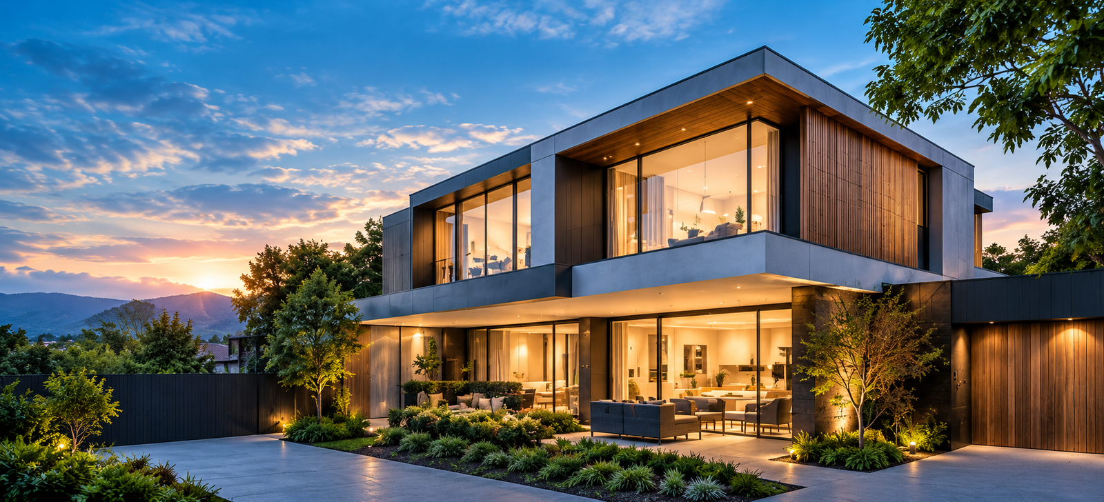 Architectural modern residential property at dusk